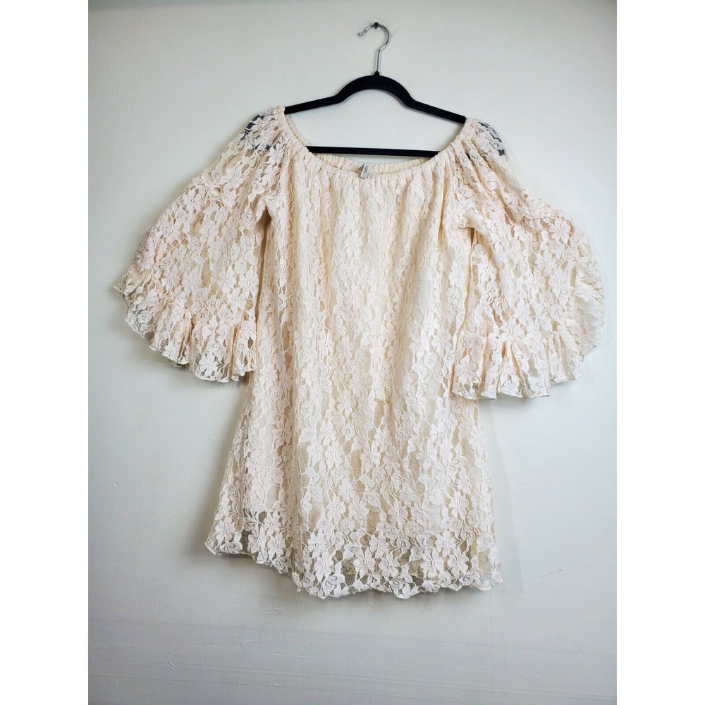 Elan‎ Womens Large Dress Tunic Lace Romantic Mini Off Shoulder Ivory - Picture 2 of 13
